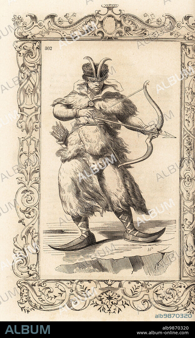 Costume of a woman hunter of Bjarmaland (now Arkhangelsk Oblast, Russia). She wears an outfit of ermine skins, fur hat decorated with horns, long curved shoes. She hunts with bow and arrow. Femme de Biarmie. Within a decorative frame engraved by H. Catenacci and Fellmann. Woodblock engraving by Gerard Seguin and E.F. Huyot after a woodcut by Christoph Krieger from Cesare Vecellios 16th century Costumes anciens et modernes, Habiti antichi et moderni di tutto il mondo, Firman Didot Ferris Fils, Paris, 1859-1860.
