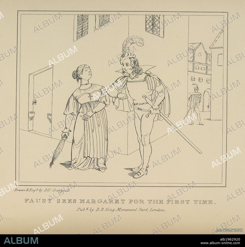 JOHANN WOLFGANG VON GOETHE and A CROWQUILL. Faust and Margaret. Faust, a serio-comic poem, with twelve outline ill. B. B. King: London, 1834. Source: 638.i.23, opposite 17. Language: English.