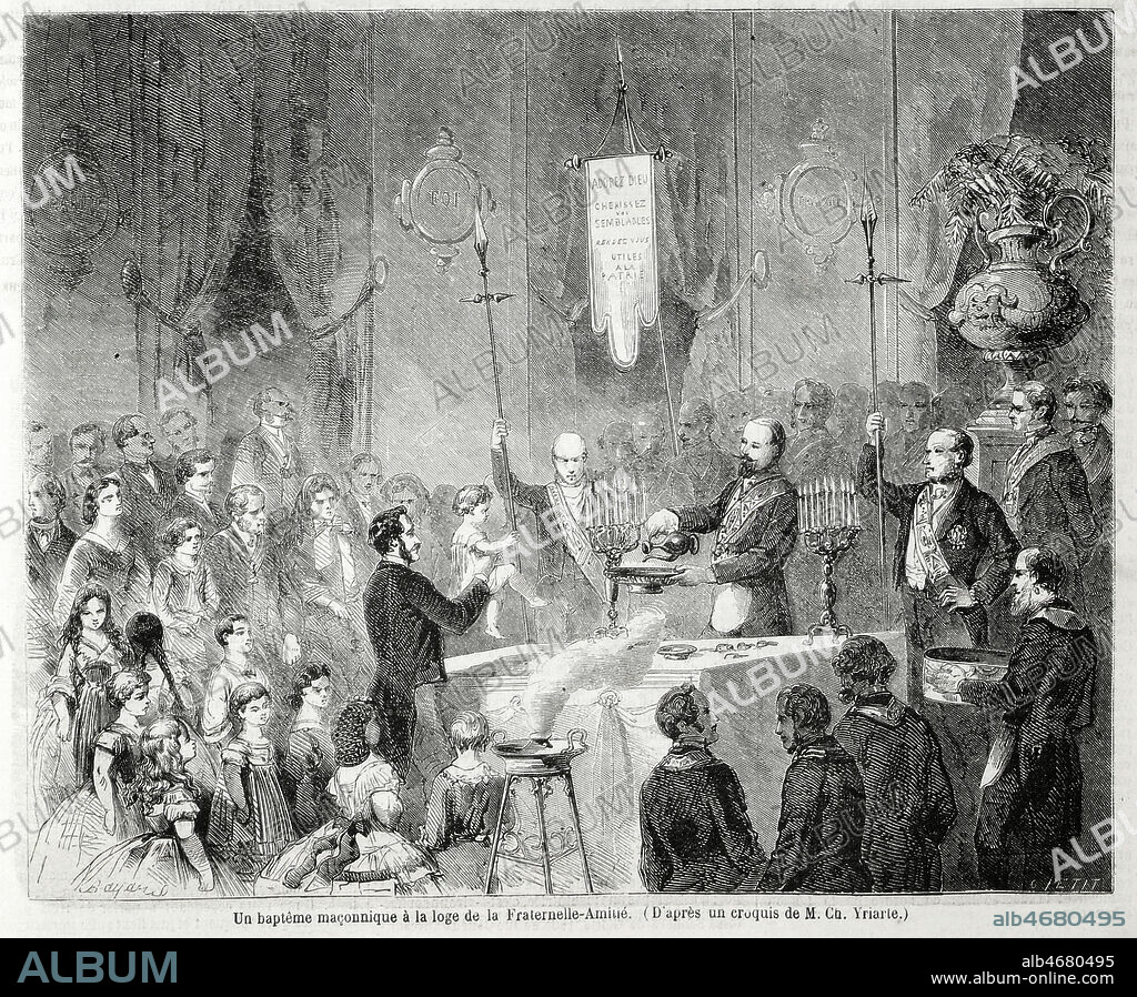 Un bapteme maconnique a la loge de la Fraternite-Amitie. Illustration d'apres Charles YRIARTE (1832-1898) pour Le Monde illustre du 21 septembre 1861. Credit : Collection KHARBINE-TAPABOR.