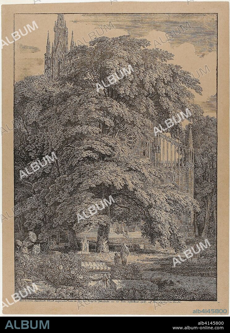 Gothic Church Behind an Oak Grove with Tombs. Karl Friedrich Schinkel; German, 1781-1841. Date: 1810. Dimensions: 482 x 342 mm (image/plate); 523 x 382 mm (sheet). Lithograph in black, with white heightening, on brown wove paper. Origin: Germany.