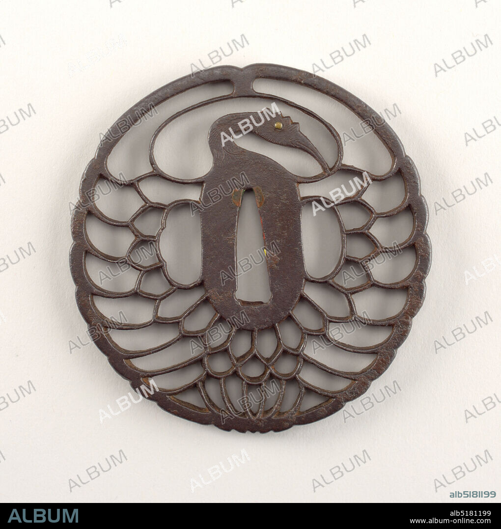 Chrysanthemum crane, Iron, shakudo (a soft copper and gold alloy), This Kyo-sukashi (Kyoto openwork) style tsuba takes the form of a tsuru maru (crane circle). At the center is the nakago-ana, an opening through which the sword passes, with traces of sekigane (plugs added to fit the tsuba to a sword) made of shakudo (a soft copper and gold alloy). The surrounding seppadai (flat oval area) forms the body of the crane; it is elegantly long and narrow, with a migaki (burnished) surface. The head of the crane has kebori (line carving). Flanking the body are ryo-hitsu, openings for the kozuka (utility knife) and the kogai (skewer tool). At right is sashi ura, the side which faces the blade, whose opening takes the hangetsu-kei (half moon) shape. Opposite is sashi omote, the side which faces the sword hilt; its tri-lobed opening is of the suhama type, and symbolically represents the coastline of Horai, the holy island of the Immortals. The surrounding openwork forms symmetrical feathers with a sense of movement., Japan, 17th century, knotted, knitted and crocheted textiles, Decorative Arts, Tsuba, Tsuba.