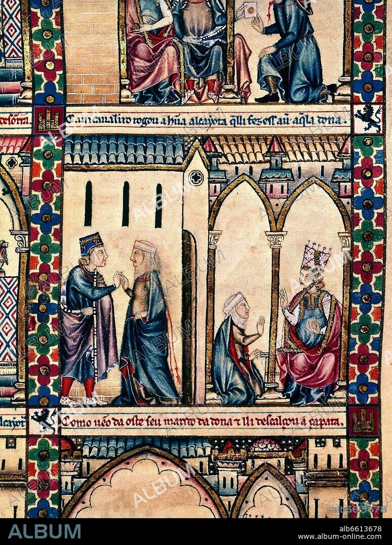 ALFONSO X OF CASTILE THE WISE. MTI1-CANTIGA DE SANTA MARIA Nº64-F94R-D-COMO UN CABALLERO PIDE A UNA ALCAHUETA CITA CON UNA DAMA-SIGLO XIII.