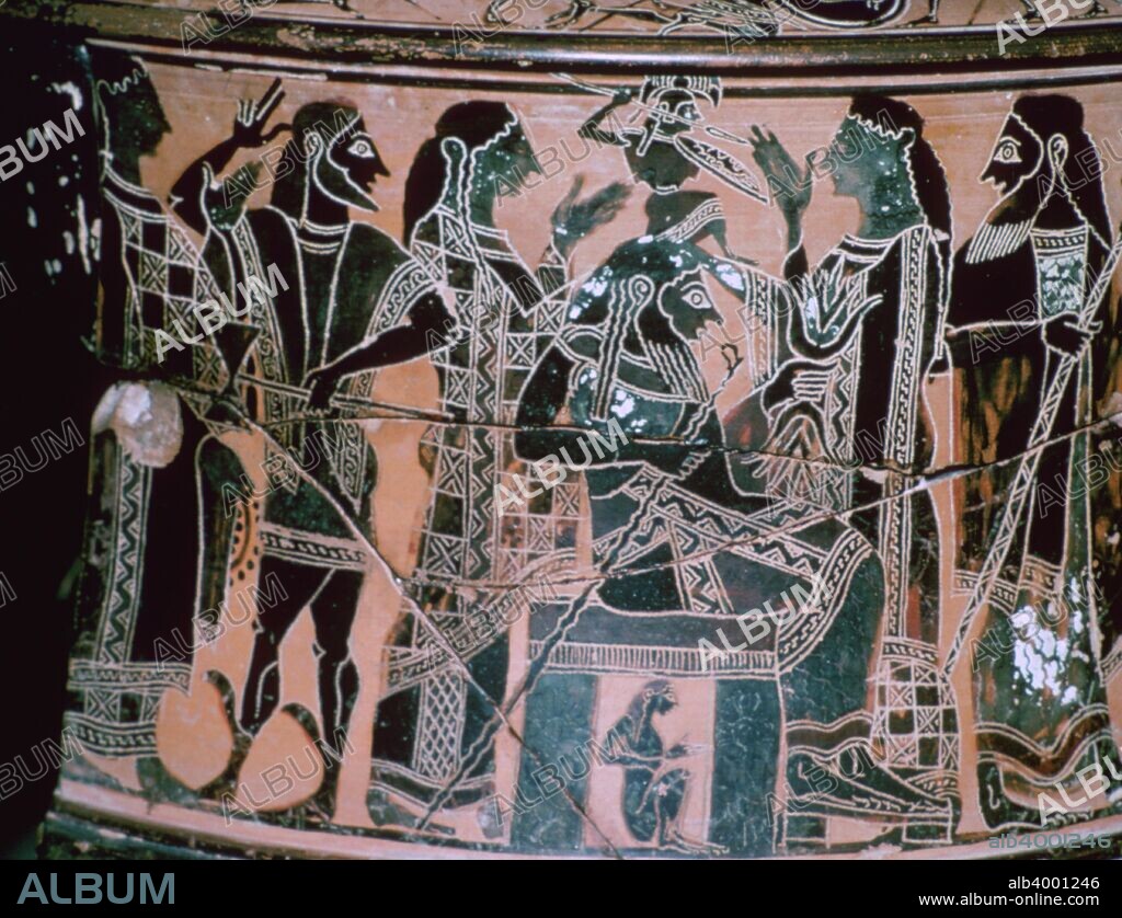 Black-figured neck-amphora depicting the birth of Athena from Zeus' head - note Hephaestos with his axe, Attica, Greece. From the British Museum's collection.