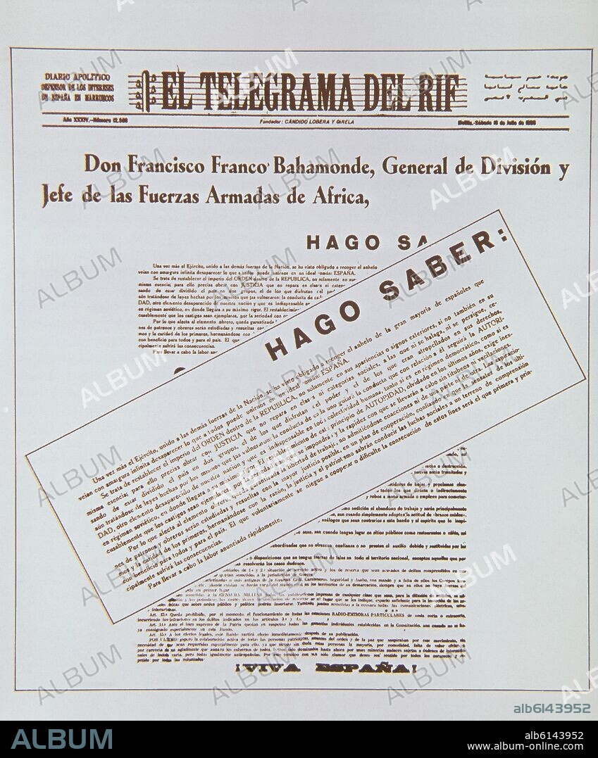 EL TELEGRAMA DEL RIF - MANIFIESTO DE FRANCO AL PUEBLO ESPANOL 1936 "GUERRA CIVIL".