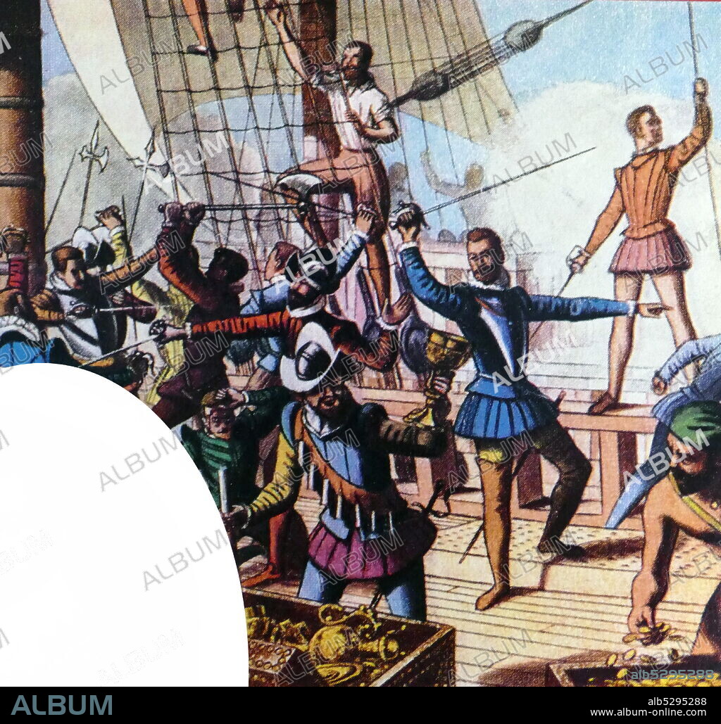 Illustration depicting Sir Francis Drake seizing a Spanish treasure ship. Sir Francis Drake (c. 1540 - 28 January 1596, was an English sea captain, privateer, slave trader, pirate, naval officer and explorer of the Elizabethan era. Drake carried out the second circumnavigation of the world in a single expedition, from 1577 to 1580, and was the first to complete the voyage as captain while leading the expedition throughout the entire circumnavigation.