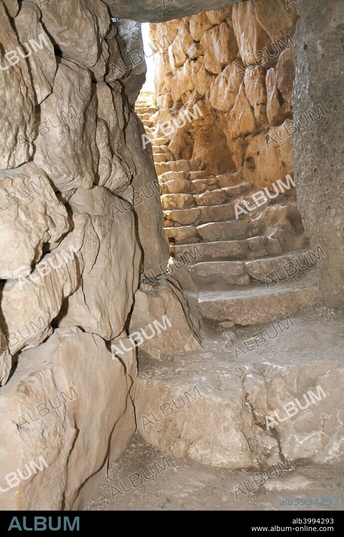 An underground cistern at Mycenae, Greece. Mycenae is an archaeological site in Greece, located about 90 km southwest of Athens, in the northeastern Peloponnese. In the second millennium BC Mycenae was one of the major centres of Greek civilisation, a military stronghold which dominated much of southern Greece. The period of Greek history from about 1600 BC to about 1100 BC is called Mycenaean in reference to Mycenae.