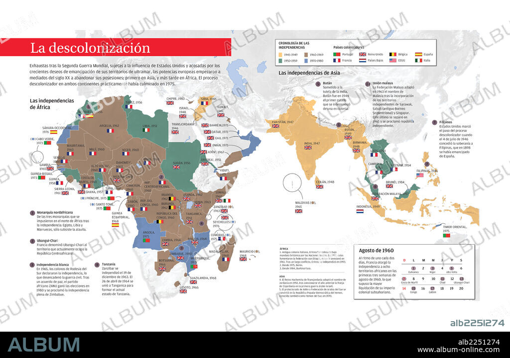 La descolonización. Infografía sobre el proceso de descolonización a partir de la Segunda Guerra Mundial en países de África y Asia.