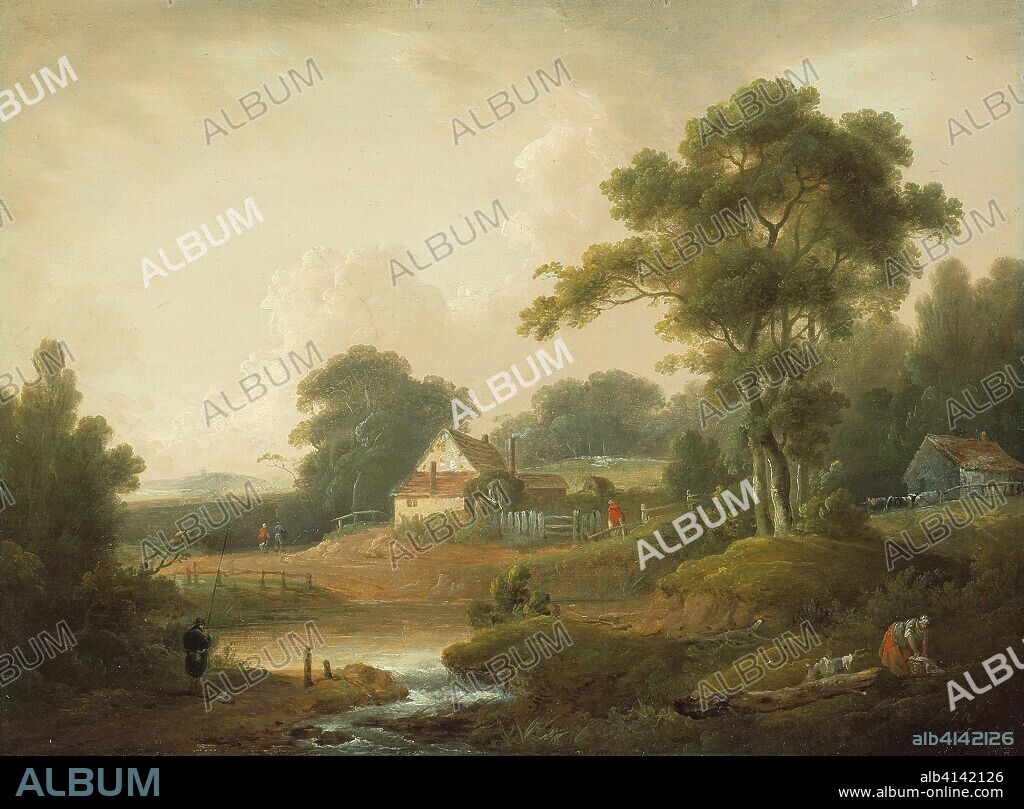 Landscape with Fisherman and Washerwoman. John Rathbone and George Morland; British, c. 1750-1807 and 1763-1804. Date: 1790. Dimensions: 12 × 16 5/16 in. (30.4 × 40.8 cm). Oil on panel. Origin: England.