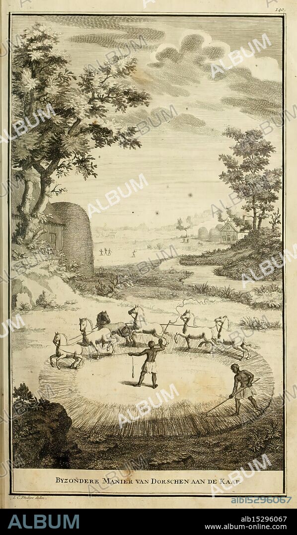 Naaukeurige en uitvoerige beschryving van kaap de Goede Hoop, Amsterdam, By B. Lakeman, 1727, south africa, natural history, cape of good hope, description and travel, cape of good hope, south africa, khoikhoi african people, In this scene, a circular enclosure serves as a focal point where several horses are being rounded up by a group of individuals. Each horse is tethered, and the participants are positioned strategically, wielding poles to guide the animals. Surrounding the enclosure, lush trees create a natural backdrop, while distant figures can be seen engaging in activities in the landscape. The sky above is expansive, hinting at a tranquil atmosphere. The setting evokes a sense of community and cooperation in managing the livestock, highlighting traditional practices of animal husbandry.
