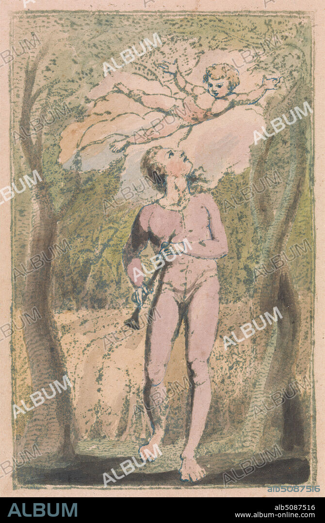 Songs of Innocence and of Experience, Plate 1, Innocence Frontispiece (Bentley 2), Print made by William Blake, 17571827, British, 1789, Relief etching printed in green with pen and ink and watercolor on moderately thick, slightly textured, cream wove paper, Sheet: 7 1/4 x 4 3/4 inches (18.4 x 12.1 cm) and Plate: 4 3/8 x 2 3/4 inches (11.1 x 7 cm), angel, children, flute, men, pipe, pipes, religious and mythological subject, shepherd, trees, trumpet, vines.