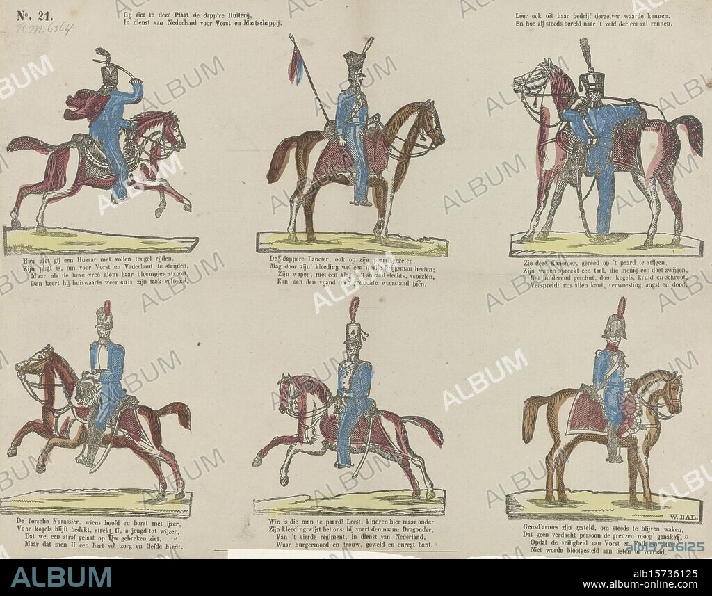 You see in this Plate the brave cavalry, In the service of the Netherlands for Prince and Society (...) (title on object), Sheet with six representations of horsemen of the Dutch cavalry: hussars, lancers, gunners, dragoons and gendarmes. Below each picture is a four-line verse. Numbered top left: No. 21. Approx. 1800-1850., print, printer: P.C.L. van Staden Czn., print maker: Willem Bal, (mentioned on object), printer: Amsterdam, print maker: Netherlands, 1850 - 1870, paper, wood engraving, letterpress printing, height, 284 mm × width, 362 mm.