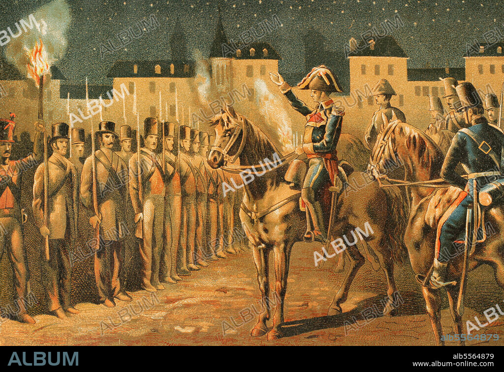 Francisco Espoz y Mina (1781-1836). Militar español. Jefe de las partidas de Navarra durante la guerra de la Independencia Española. Combatió en el bando isabelino en la la Primera Guerra Carlista (1833-1840), siendo el máximo responsable de la lucha en el norte de España contra los carlistas. La Revolución Francesa de 1830, de signo liberal y antiborbónico, llevaron a Espoz y Mina a preparar en Francia un frente revolucionario para actuar en España. Preparó durante varios meses a un número importante de exiliados españoles acogidos en Inglaterra. El 18 de octubre de 1830 intentó la penetración en territorio vasco contra el régimen de Fernando VII y restablecer la Constitución liberal, pero volvió a Francia tras su fracaso. El general Mina arengando a los emigrados liberales antes de entrar en España. Cromolitografía. Historia de La Revolución Española (desde la Guerra de la Independencia a la Restauración en Sagunto), por Vicente Blasco Ibañez. Tomo II. Publicado en Barcelona, 1891.