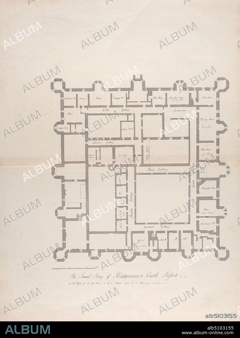 Herstmonceux Castle, East Sussex: Plan of the Second Floor, James Lambert of Lewes, 17251788, British, undated, Graphite, pen and black ink and watercolor on moderately thick, moderately textured, cream laid paper, Sheet: 25 1/4 x 34 1/2in. (64.1 x 87.6cm), architectural subject, castle, floor plan, turret, East Sussex, England, Europe, Herstmonceux, United Kingdom.
