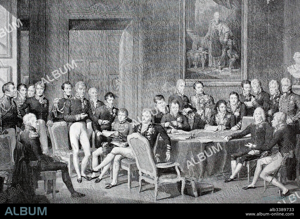 The Congress of Vienna German: Wiener Kongress was a conference of ambassadors of European states chaired by Austrian statesman Klemens Wenzel von Metternich, and held in Vienna from November 1814 to June 1815, historical illustration.