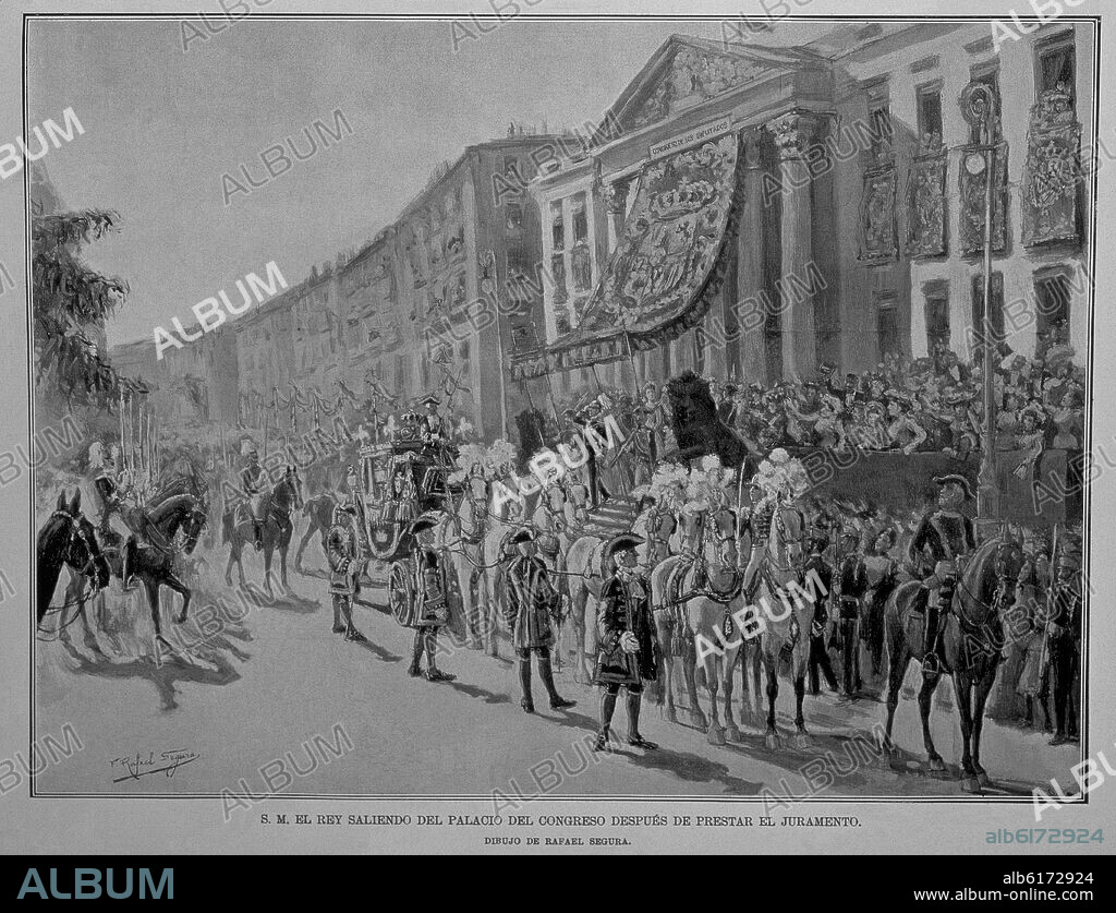 ALFONSO XIII SALE DEL PALACIO DE CONGRESOS TRAS PRESTAR JURAMENTO EL 17 DE MAYO DE 1902 - GRABADO DE LA ILUSTRACION ESPAÑOLA Y AMERICANA.