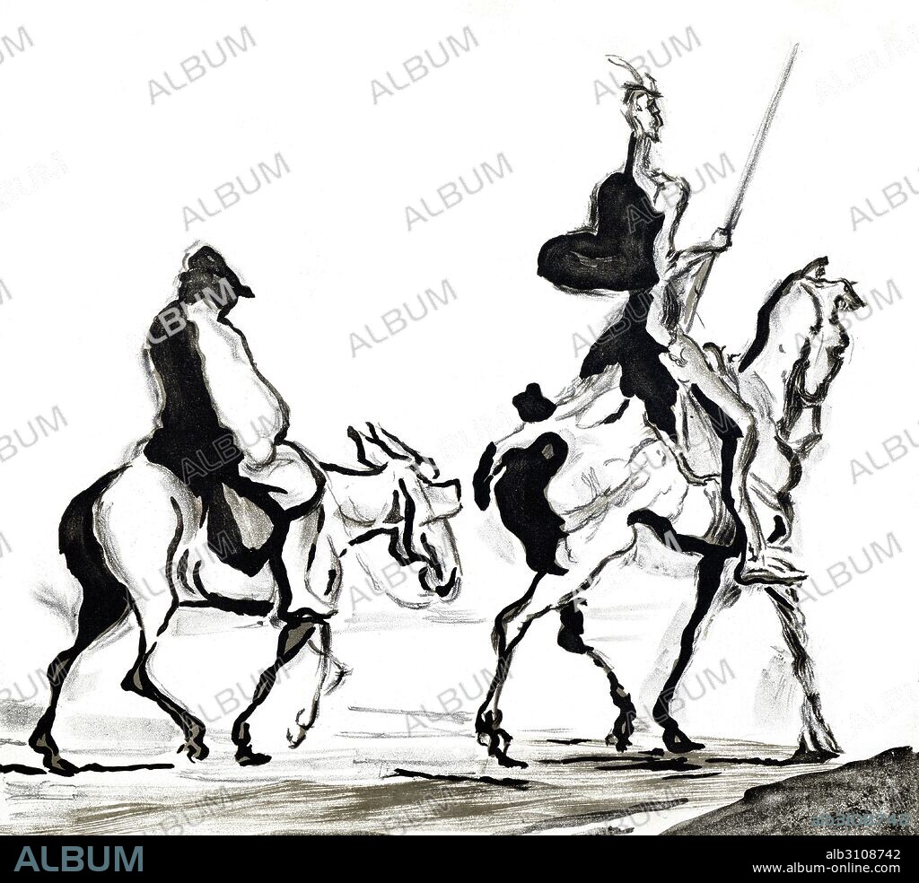 Don Quijote y Sancho Panza a caballo.
