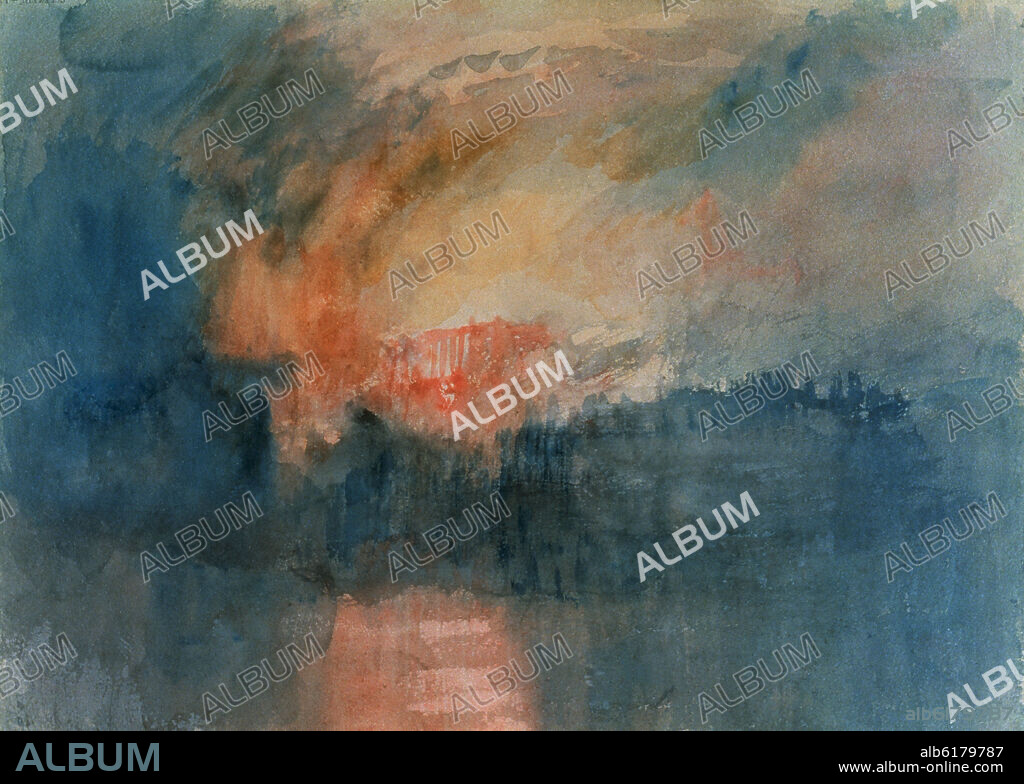 JOSEPH MALLORD WILLIAM TURNER (1775-1851). INCENDIO DE LAS CASAS DEL PARLAMENTO EL 16/10/1834 - 1835 - O/L - 23,3X32,5 - ROMANTICISMO INGLES.