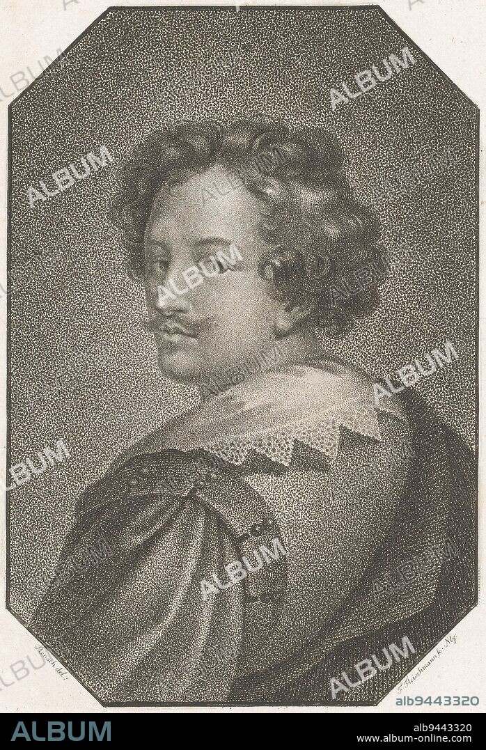 Portrait of Anthony van Dyck Portraits of famous people Bildnisse der ber, print maker: Friedrich Fleischmann, (mentioned on object), intermediary draughtsman: Friedrich Rensch, (mentioned on object), Neurenberg, 1818 - 1832, paper, h 201 mm - w 125 mm.