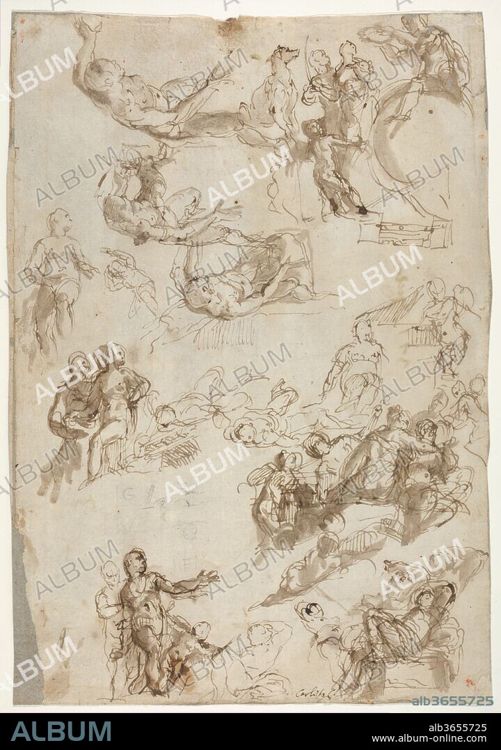 Studies for The Allegories of Love. Artist: Paolo Veronese (Paolo Caliari) (Italian, Verona 1528-1588 Venice). Dimensions: 12 5/8 x 8 3/4in. (32 x 22.2cm). Date: 1570-75.
Drawn with awesome rapidity and a dazzling economy of means, this sheet of sketches attests to Veronese's extraordinary powers of invention as a storyteller. Here, he explored a variety of solutions to motifs that he later used in four canvases of the "Allegories of Love" painted around 1575 (National Gallery, London). Veronese may have studied the figures from sketchy clay models, as suggested by the frequency with which he drew the same figures from different angles. To judge from the final paintings, it is clear that he shuffled figures, poses, and points of view from scene to scene but made use of all the design elements in this sheet.
On the right, immediately below the studies for "Happy Union", appear two sketches of an open keyboard instrument; above, it is seen from the front, below, it is seen from the side, played by a winged putto. This putto musician appears at lower left in the painting traditionally called "Infidelity." This composition is rapidly sketched two-thirds of the way down the sheet at the right. Here there are a number of differences between drawing and painting, including the fact that the putto musician at the left of this sketch appears in back view.
