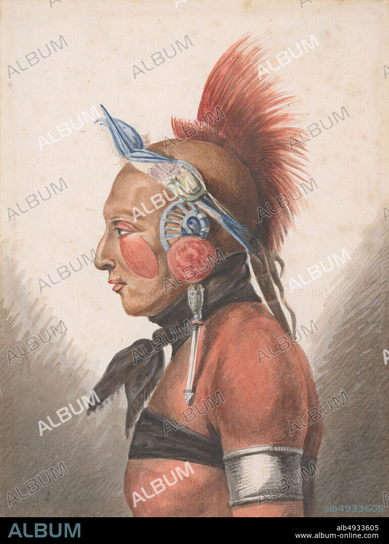 Pavel Petrovich Svinin, An Osage Warrior, American, Pavel Petrovich Svinin (1787/881839), After Charles Balthazar Julien Févret de Saint-Mémin (17701852), 1811ca. 1813, American, Watercolor, black chalk, and gum arabic on white wove paper, 8 1/4 x 6 3/16 in. (21 x 15.7 cm), Drawings.