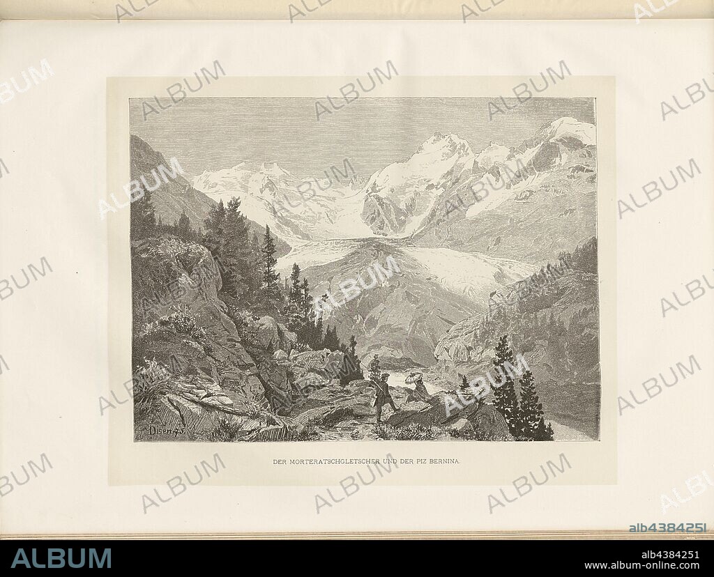 The Morteratsch Glacier and the Piz Bernina, View of the Morteratsch glacier and the Piz Bernina from the 19th century, signed: Disen, X. J. A. Closs ..., Meyer, Fig. 363, after p. 412, Disen, Andreas Eduard; Closs, Adolf; Meyer (sc.), Woldemar Kaden: Das Schweizerland: eine Sommerfahrt durch Gebirg und Thal. Stuttgart: Engelhorn, 1875.