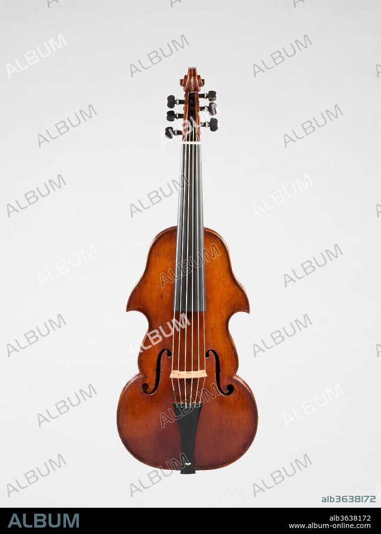 Viola d'Amore. Culture: Italian. Dimensions: Height: 23 1/2 in. (59.7 cm)
Width: 8 1/2 in. (21.6 cm). Maker: Giovanni Grancino (Italian, Milan 1637-1709 Milan). Date: 1701.
The instrument represents the early form of the viola d'amore, which was strung already with metal strings but not yet with sympathetic strings. The oldest written evidence for the early viola d'amore is a remark by the English diarist John Evelyn, who in 1679 called it a new instrument, strung with five metal strings and "sweet" in its sound. The early viola d'amore was not standardized in form or in number of strings and tuning. Three other instruments of the same festoon shape survive from Grancino's workshop, but each is a somewhat different size and has a different numbers of strings. The only instrument with its original neck has four strings, two others have five, and
this one has been restored--apparently correctly--with six strings. Grancino is often considered the most renowned maker of his generation outside Cremona.