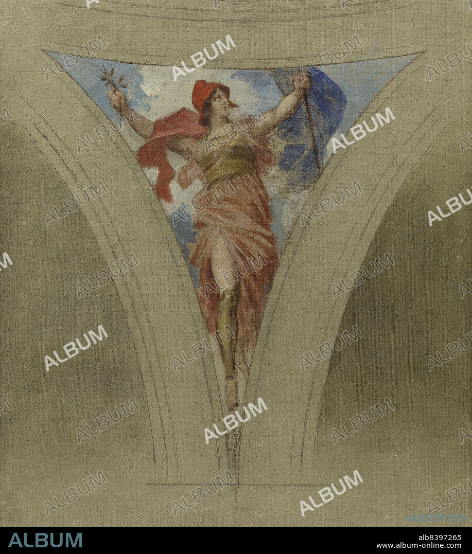FRANCOIS SCHOMMER. Sketch for the dome above the escalier des fêtes in the Hôtel de Ville, Paris, between 1888 and 1899. Allegorical figure wearing a red cap (Marianne, personification of France), holding a blue flag, related to song and patriotism. Southern landing. (Esquisse pour l'escalier des fêtes de l'Hôtel de ville de Paris : La chanson patriotique).