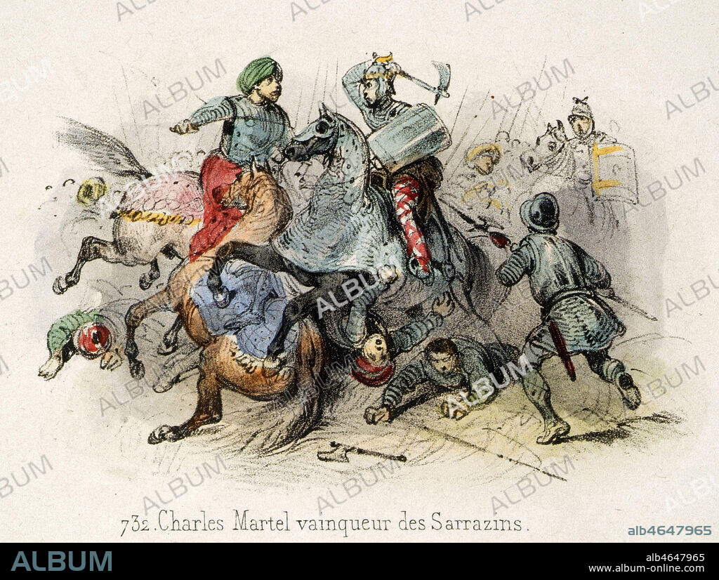 'Charles MARTEL (689-741) vainqueur des sarrazins' a la bataille de Poitiers. Lithographie par Victor ADAM (1801-1867) pour Histoire de France en Tableaux publie en 1844. Credit : Collection Grob/KHARBINE-TAPABOR.