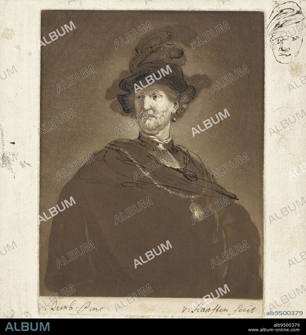 A man, possibly Rembrandt's father, Harmen Gerritsz van Rijn. He wears a feathered beret and necklace. Portrait of a man, possibly Harmen Gerritsz. van Rijn, print maker: Nicolaes van Haeften, (mentioned on object), Rembrandt van Rijn, (mentioned on object), Antwerp, 1673 - 1715, paper, pen, h 182 mm × w 133 mm.