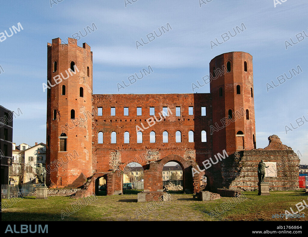 Porta Palatina, by Unknown Artist, 1st Century a. D. -,. Italy, Piemonte, Turin, Porta Palatina. All. Front view Roman gate polygonal towers gateways two orders of windows in foreground copy of statue of Augustus from Prima Porta. Authorization required for non editorial use.
