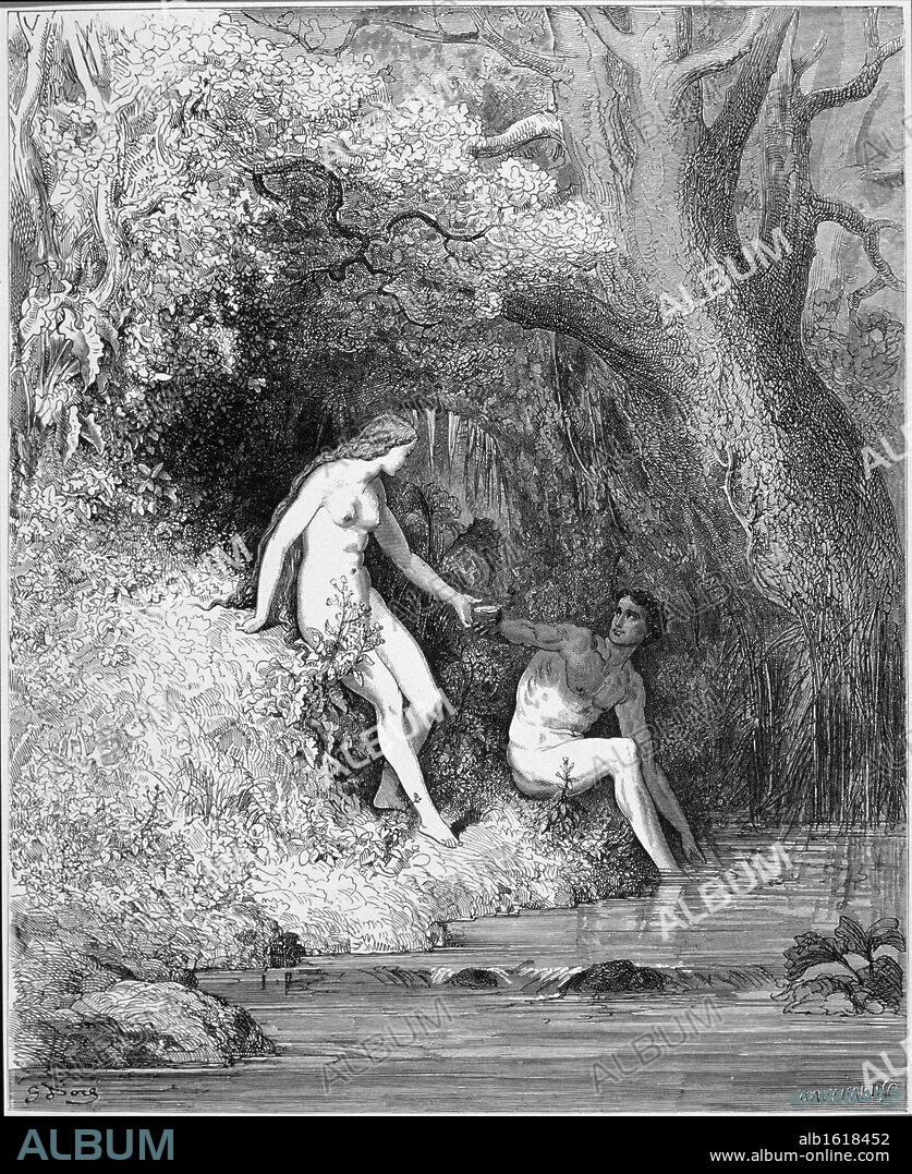 PAUL GUSTAVE DORÉ. Adam & Eve In Paradise (from Milton''s "Paradise Lost")   Gustave Dore (1832-1883/French)  Engraving.