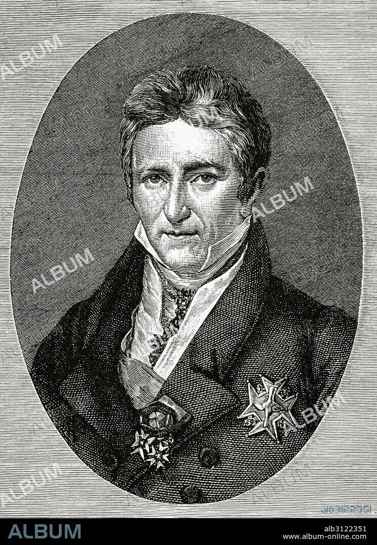 Jean-Baptiste Guillaume Joseph Marie Anne Seraphin, conde de Villele (1773-1854). Llamado usualmente Joseph de Villele o Jean-Baptiste de Villele. Estadista francés. Primer Ministro de Francia. Líder de la facción ultra-monárquica durant la Restauración borbónica. Retrato. Grabdo de La Historia de Francia, 1883.