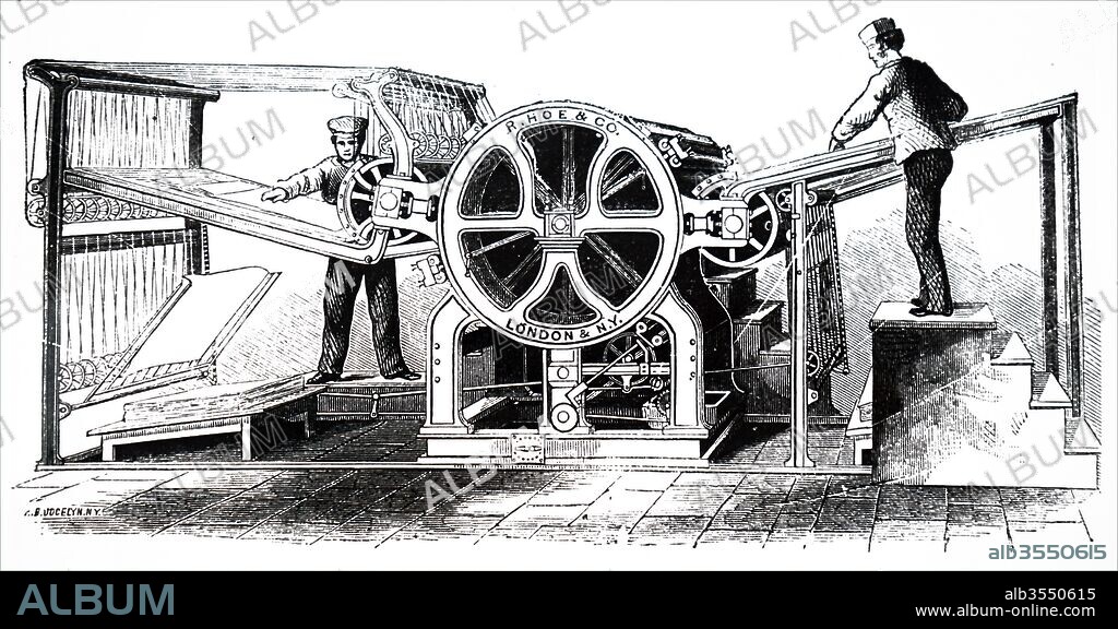 Engraving depicting Richard March Hoe's rotary printing press. Richard March Hoe (1812-1886) an American inventor from New York City who designed a rotary printing press and related advancements. Dated 19th century.