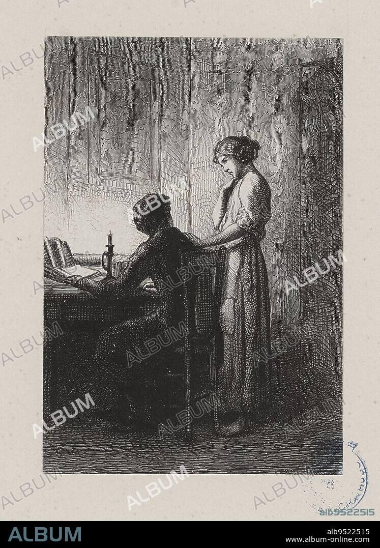 Les Misérables, Part Three, Book Eight, Chapter XI, It was the girl Jondrette, Yon, Edmond Charles Joseph, Engraver, Perrichon, Jules-Léon, Engraver, Brion, Gustave, Author of the model, Bonaventure and Ducessois (printer), Printer, Hetzel, Pierre-Jules, Publisher, Lacroix, Albert, Publisher, About 1865, 3rd quarter of the 19th century, Victor Hugo's House - Hauteville House, Graphic arts, Print, Woodcut, Height: 13. 2 cm, Width: 9 cm.