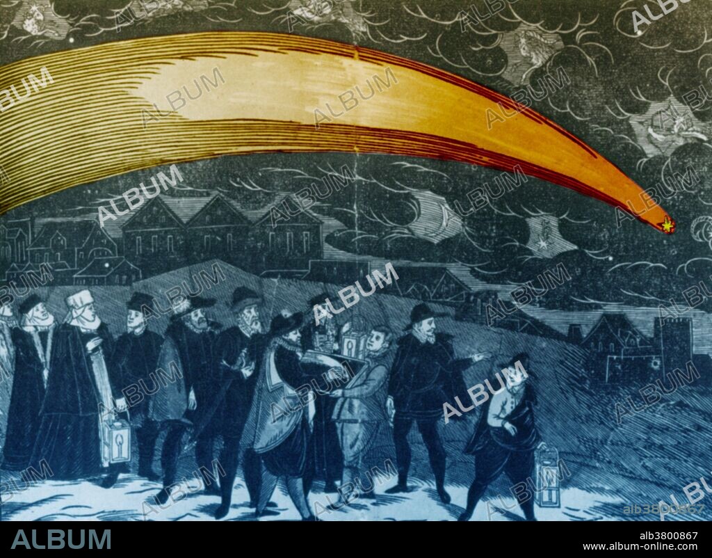 The Great Comet of 1577 was a comet that passed close to Earth during the year 1577 AD. It was viewed by people all over Europe, including famous Danish astronomer Tycho Brahe and though just a boy, future mathematician and astronomer, Johannes Kepler. From his observations of the comet, Brahe was able to discover that comets and similar objects travel above the Earth's atmosphere. George Jacob Daschitzky, 'Broadside of the Comet of 1577 Seen at Prague', published by Peter Codicillus, woodcut.