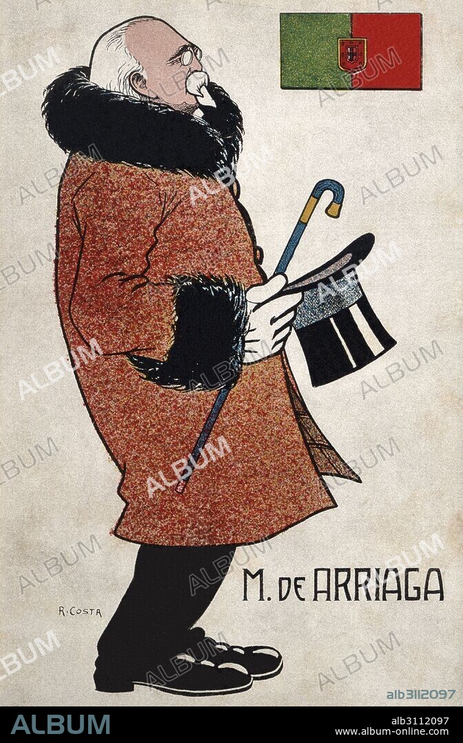 R. COSTA. Manuel José Arriaga (1840-1917), presidente de la república portuguesa. Caricatura. Tarjeta postal, año 1914.