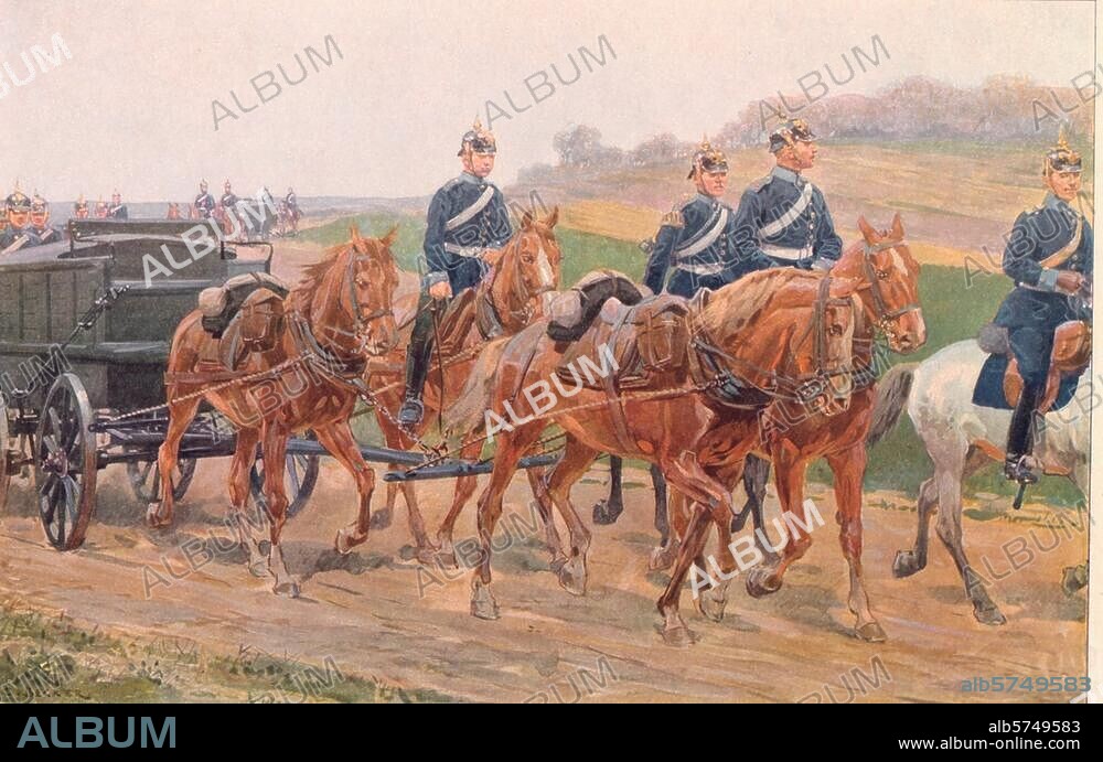 Militär:. Deutschland. "Trainkolonne auf dem Marsch". Farbdruck nach Aquarell von Carl Becker. (1862-1926). Aus: Deutschland in Waffen, Stuttgart und Berlin (Deutsche Verlags-Anstalt). o. J. (1913), Nr. 12. Berlin, Sammlung Archiv für Kunst und Geschichte.