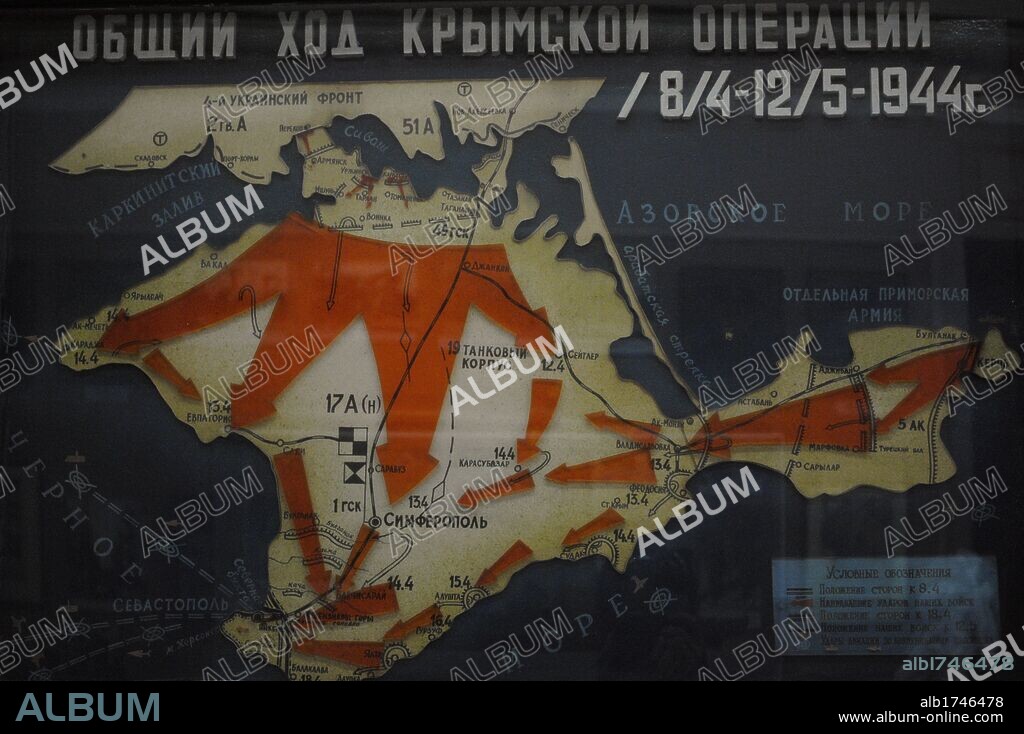 SEGUNDA GUERRA MUNDIAL. Batalla de Crimea (1944). Conocida por la Operación de Crimea de 1944. Ofensivas del Ejército Rojo para expulsar a las tropas alemanas de la península de Crimea entre el 8 de abril y el 12 de mayo de 1944. Mapa. Museo de la Flota del Mar Negro. Sebastopol. Península de Crimea. Ucrania.