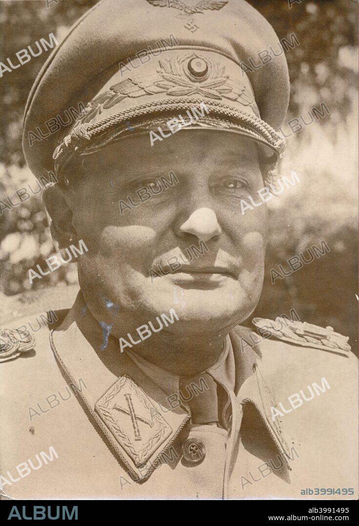 Hermann Göring, German Nazi politician and military leader after his capture, 1945. A decorated World War I fighter ace who flew with Baron Manfred von Richthofen's squadron, Göring (1893-1946) joined the Nazi party in 1922. The following year he was involved in the Munich Beer Hall Putsch alongside Adolf Hitler. After the Nazis came to power in 1933, Göring became one of the new regime's leading figures. He commanded the Gestapo until 1934, when he handed its command over to Heinrich Himmler, and from 1935 onwards was commander of the Luftwaffe, the German air force. Captured by the Allies at the end of the Second World War, Göring was convicted of war crimes and crimes against humanity at the Nuremberg Trials, but committed suicide the night before he was due to be executed.