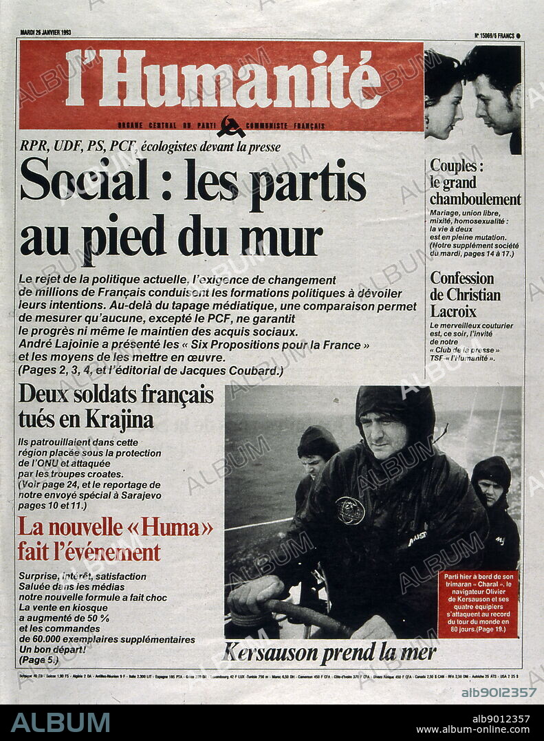 Front page of the communist newspaper 'L'Humanite' date Tuesday 26 January 1993; Headline reads "Social: the Parties at the Foot of the Wall".