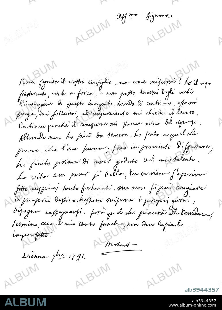 Letter by Wolfgang Amadeus Mozart, 1791 (1865). A print from The Autograph Souvenir, A collection of Autograph Letters, Interesting Documents, &c, Executed in Facsimile, by Frederick George Netherclift, by Richard Sims, 1st Series, FG Netherclift, London, 1865.