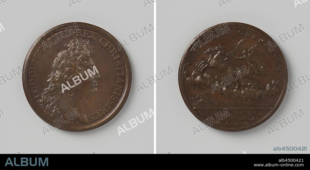 Burgundy County conquered in ten days, Bronze Medal. Obverse: bust of a young man (Lodewijk XIV) within a circle. Reverse: Victory of a flying car within a circle., Franche-Comté, Louis XIV (King of France), Jean Mauger, Paris, 1699 - 1703, bronze (metal), striking (metalworking), d 4.1 cm × w 28.27 gr.