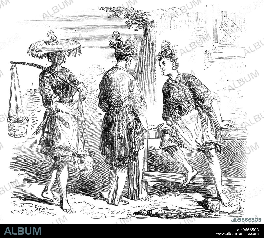 Chinese Peasant Women, 1857. '...a group of Peasant Women of Foochow, remarkable for their fantastic head-dresses. One of the figures shows the usual method of carrying articles in baskets'. From "Illustrated London News", 1857.