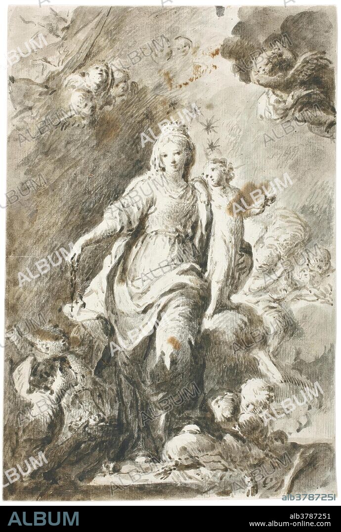 JOSÉ CAMARÓN BONANAT. José Camarón Bonanat / 'La Virgen del Rosario'. Siglo XVIII. Aguada parda, Pluma, Preparado a lápiz sobre papel verjurado, amarillento, 212 x 144 mm.