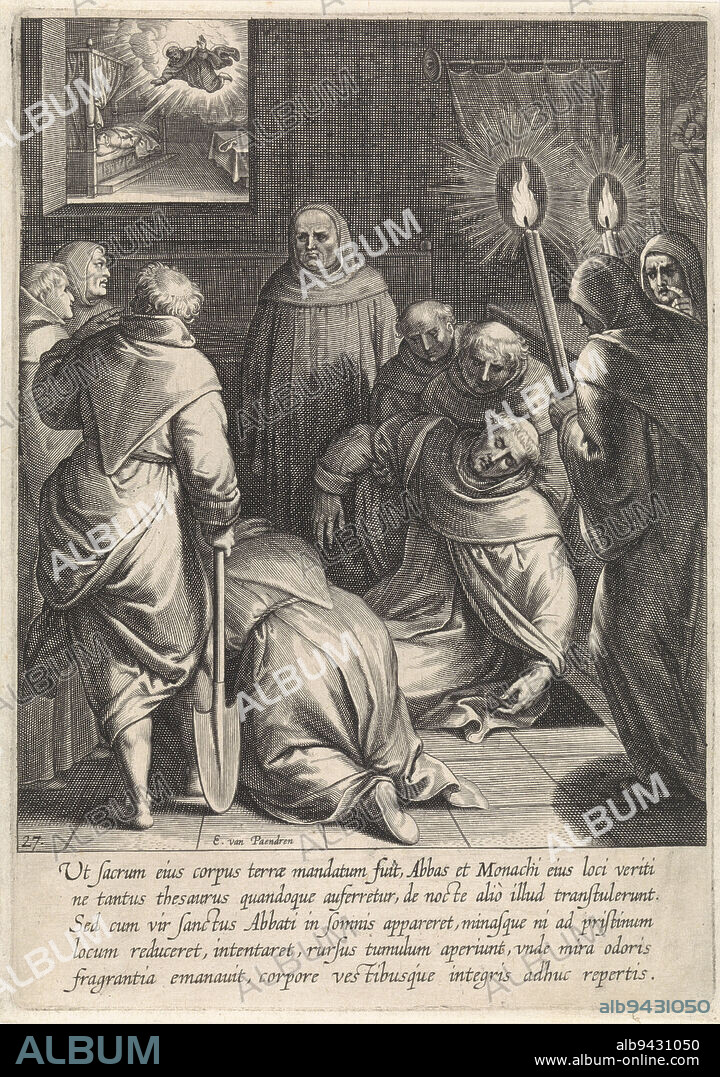 A monk lifts the body of Thomas Aquinas from his tomb. Other monks look on. In the upper left, Thomas Aquinas appears in the dream of an abbot. In the margin a five-line caption in Latin. Thirty-seventh print in a series of thirty prints depicting the life story of Thomas Aquinas, Exhumation of the Body of Thomas Aquinas The Life of Saint Thomas Aquinas (series title)., print maker: Egbert van Panderen, (mentioned on object), Otto van Veen, publisher: Otto van Veen, Antwerp, 1610, paper, engraving, h 210 mm × w 148 mm.