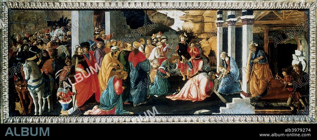 'The Adoration of the Kings', c1470. The three Kings from the East, Melchior, Gaspar and Balthazar, present their gifts of gold, frankincense and myrhh to the infant Jesus. On the far right the shepherds are entering carrying their bagpipes and crooks. In the left foreground is a dwarf among the retinue of the kings. The Virgin, the Child, the king kissing Jesus' foot and some of the figures behind the king are by Filippino Lippi, the remainder is attributed to Botticelli. From the National Gallery, London.