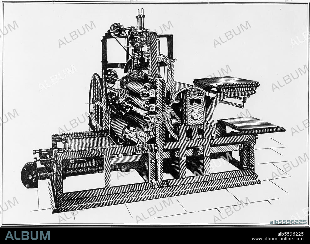 ANONIMO. Re: König, Friedrich German inventor; 1774-1833. High-speed printing press. (Developed by F.König with Andreas Friedrich Bauer; in 1811 set up by the publisher John Walter to print "The Times". Woodcut after contemporary illustration.