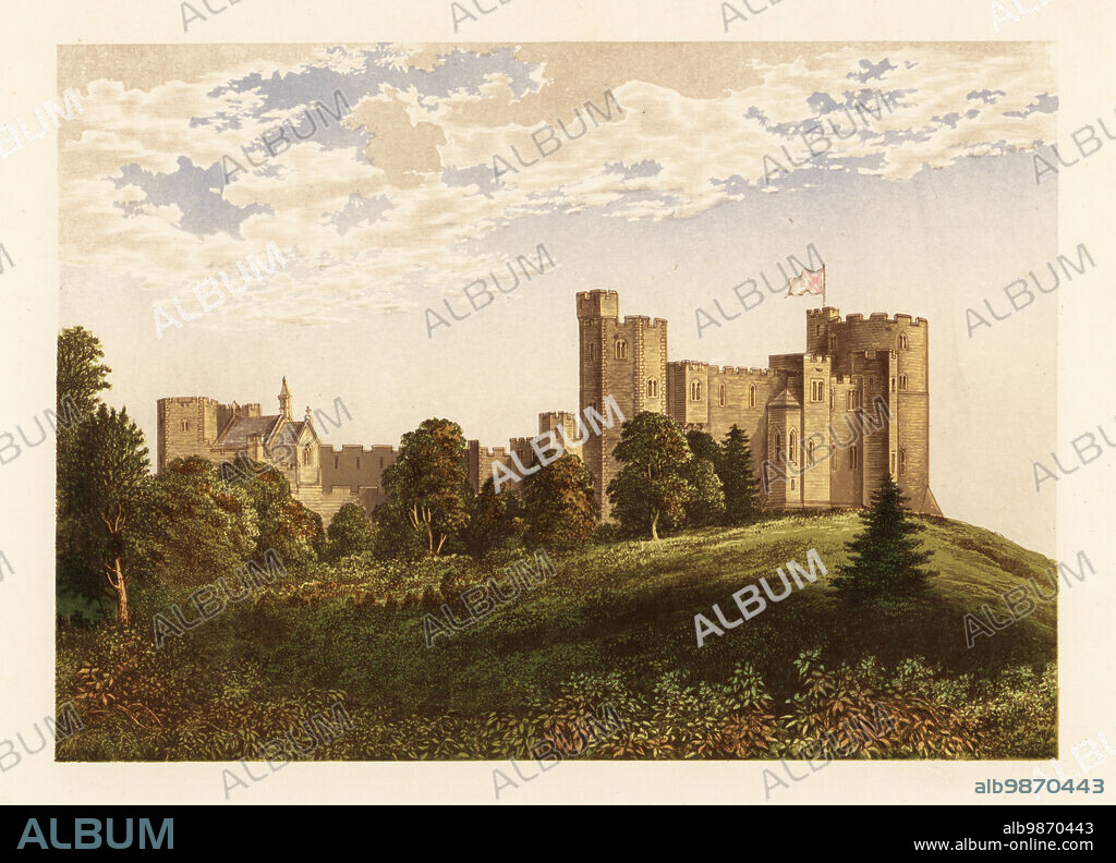 Peckforton Castle, Cheshire, England. Gothic-Revival-style castle designed by Anthony Salvin in 1850 for John Tollemache, slave-owner with six plantations in Antigua (822 enslaved). Colour woodblock by Benjamin Fawcett in the Baxter process of an illustration by Alexander Francis Lydon from Reverend Francis Orpen Morriss Picturesque Views of the Seats of Noblemen and Gentlemen of Great Britain and Ireland, William Mackenzie, London, 1880.