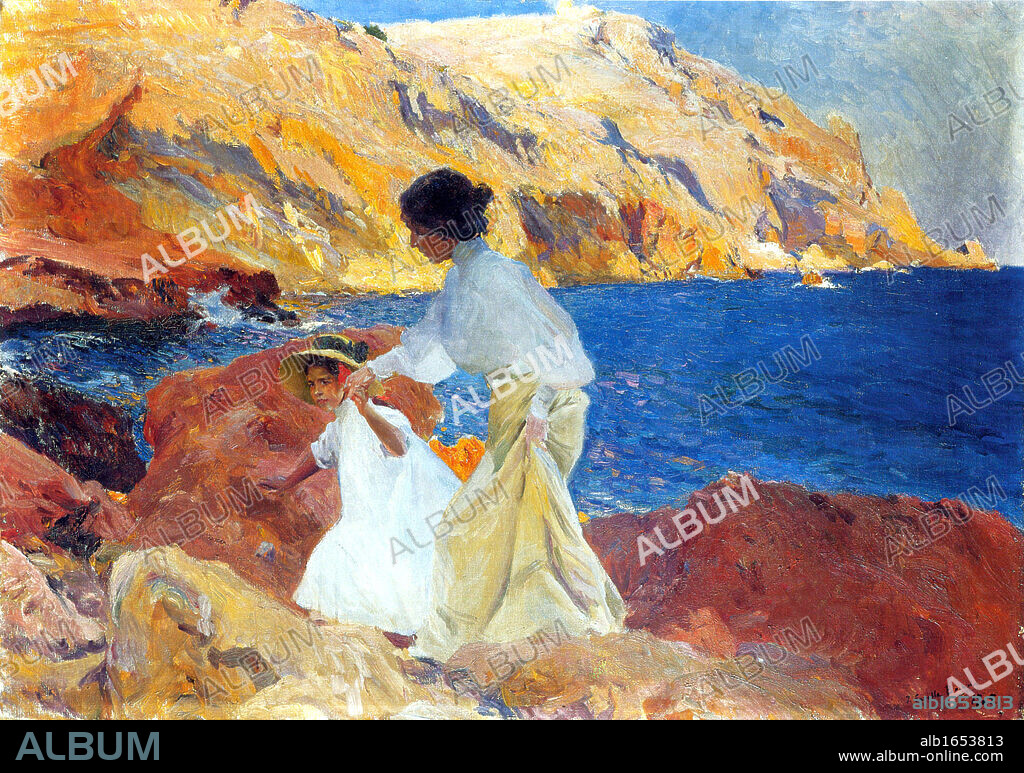 Clotilde y Elena en las Rocas, Javea, oil on canvas by Joaquin Sorolla.