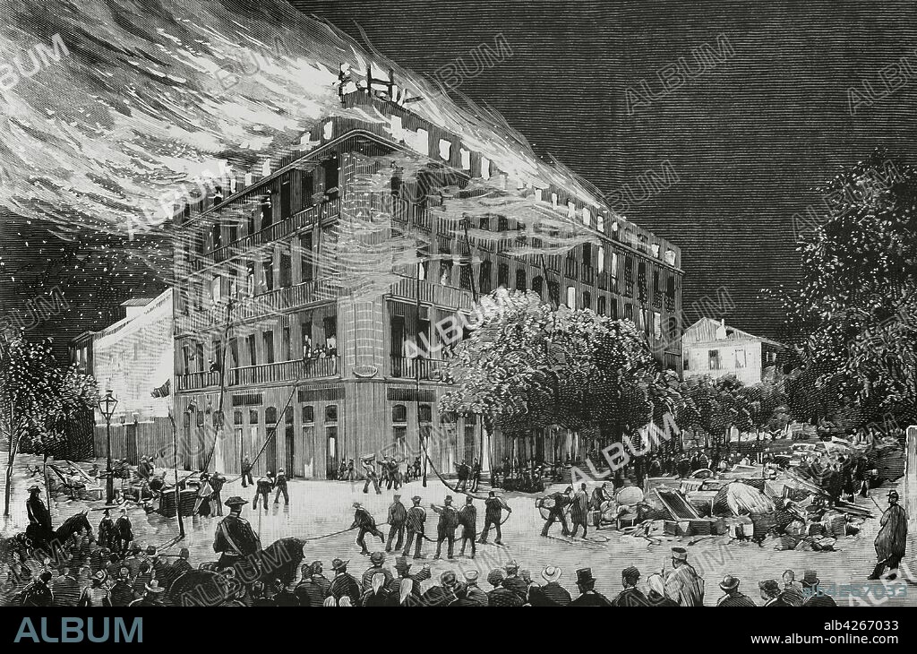 España. Madrid. Incendio de cuatro casas en la calle de Quintana (barrio de Argüelles), la noche del 31 de agosto de 1881. Dibujo del natural por Daniel Perea. Grabado por Bernardo Rico (1825-1894). La Ilustración Española y Americana,8 de septiembre de 1881.
